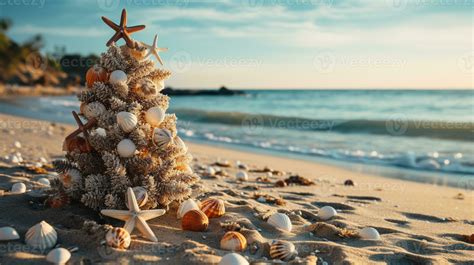 Christmas Tree Made Of Ornaments Starfish And Seashells On The Ocean