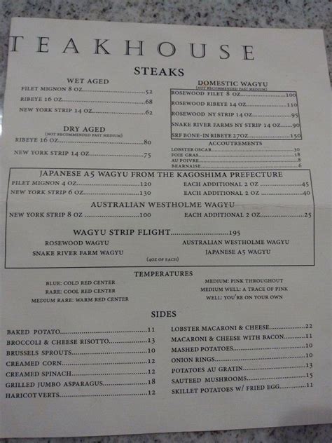 Menu at Killen's Steakhouse, Shenandoah