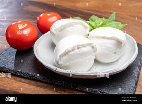 White Balls Of Italian Soft Cheese Mozzarella Di Bufala Campana Served