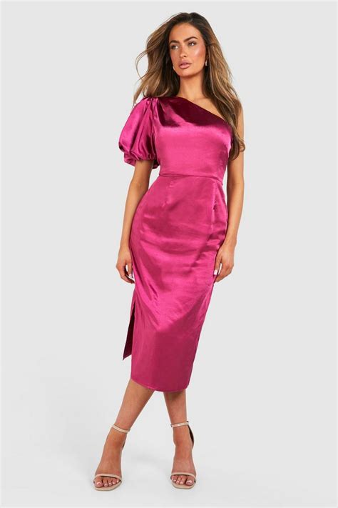 Satin Puff Sleeve Asymmetric Midi Dress Boohoo Uk