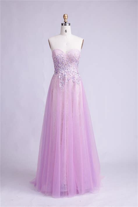 Beautiful Sweetheart Long Lilac Tulle Applique Beaded Prom Dress