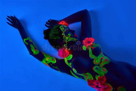 Naked Woman With Painted Body And Flowers In Darkness Stock Illustration Illustration Of