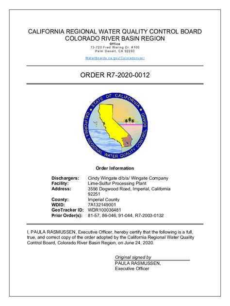 Fillable Online Waste Discharge Requirements For Wingate Company Lime