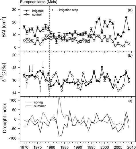 Mean basal area increment BAI SE n 4 and Δ 13 C pooled data