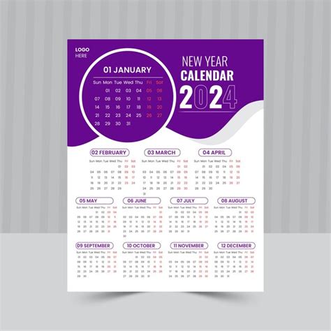 Design De Calendário De Uma Página 2024 Layout De Calendário De Novo