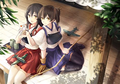 2girls Aircraft Akagi Kancolle Anthropomorphism Black Hair Bow