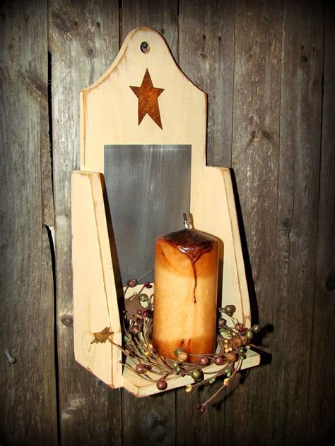 Primitive Wooden Candle Holder With Rusty Star Rustic Decor Etsy