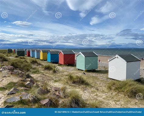 Colorful Wooden Beach Huts At Findhorn Beach Editorial Stock Image