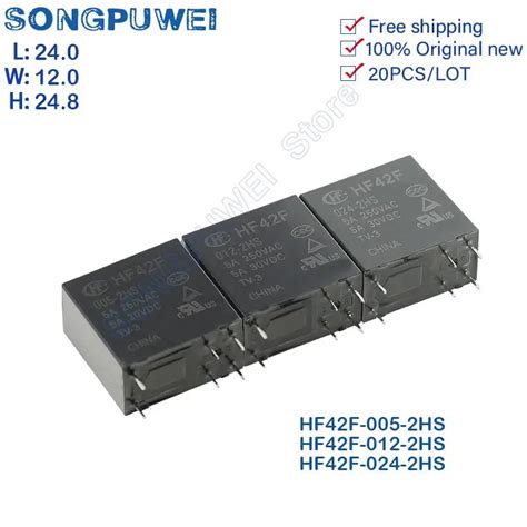 Free shipping 20Pcs Relays 5V 12V 24V DC HF42F -005 012 024 -2HS 5A ...