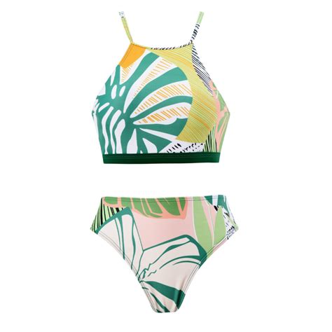 Tropical Print High Neck Bikini Set With Coverup Swimwear India