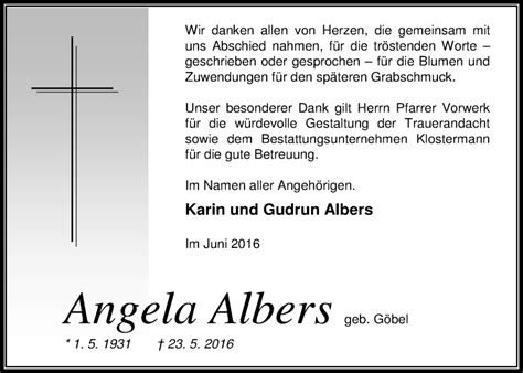 Traueranzeigen Von Angela Albers Nordwest Trauer De