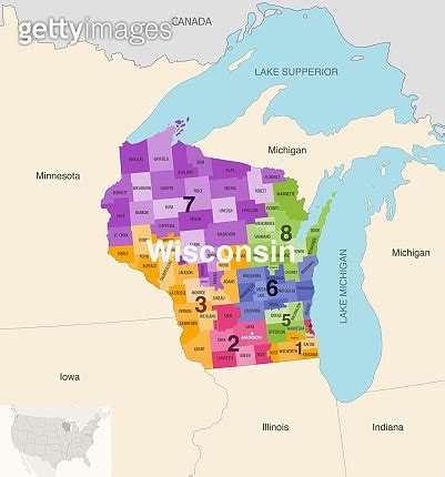 Wisconsin State Counties Colored By Congressional Districts Vector Map