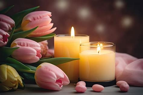 Premium Photo Vintage Toned Spa Composition Featuring Yellow And Pink Tulip Aroma Candles