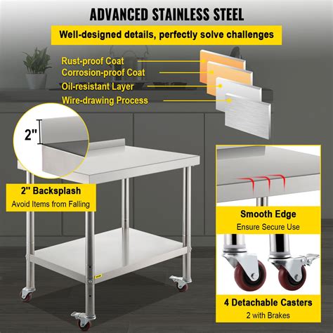 Vevor Stainless Steel Work Prep Table Kitchen Work Table 36x24in W 4 Casters Vevor Au