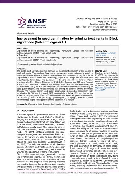 Pdf Improvement In Seed Germination By Priming Treatments In Black