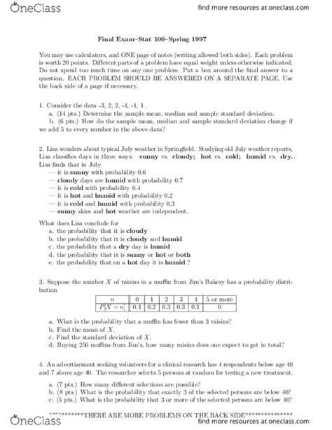 STAT 100 Final STAT100 ALL SECTIONS SPRING1997 0000 FINAL EXAM OneClass