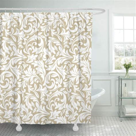 Ksadk Royal Floral Pattern Baroque Damask White And Beige Gold Flower Victorian Silk Shower