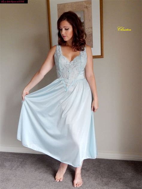 Vintage 70s Olga Sea Foam Green Light Blue Long Nylon Spandex And Lace