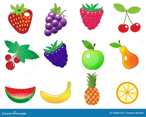 Os ícones Diferentes Dos Frutos Dos Desenhos Animados Bonitos Ajustam