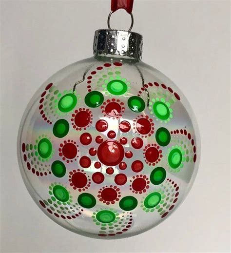 Lovely Red And Green Snowflake Dot Mandala On Clear Glass Ball Ornament