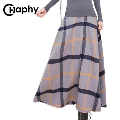 Winter Long Plaid Skirt Women Vintage Thick Plaid Wool Skirts High