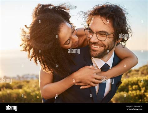 Wedding Interracial And Couple Hug In Nature Happy And Excited While