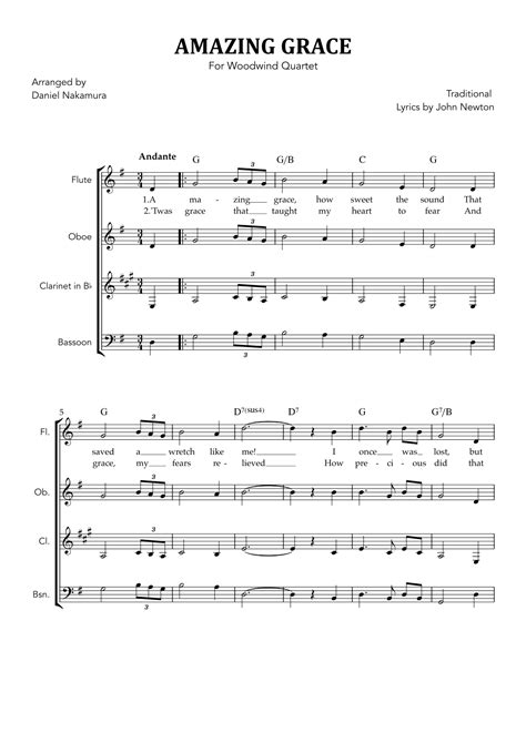 Amazing Grace For Woodwind Quartet Arr Daniel Nakamura By John Newton Sheet Music For