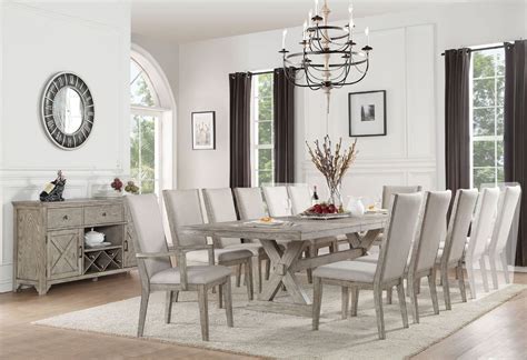 Gray Oak Trestle Dining Table With 8 Chairs Acme 72860