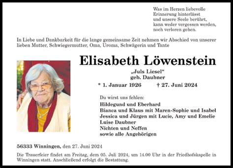 Traueranzeigen von Elisabeth Löwenstein rz trauer de