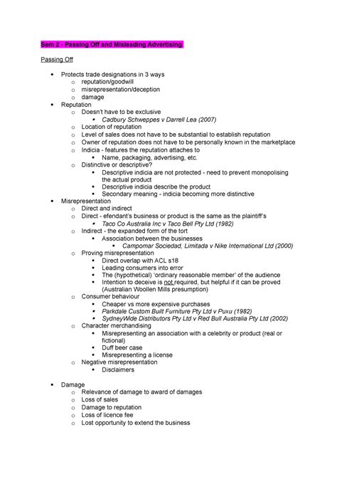 Marketing law notes - Sem 2 - Passing Off and Misleading Advertising