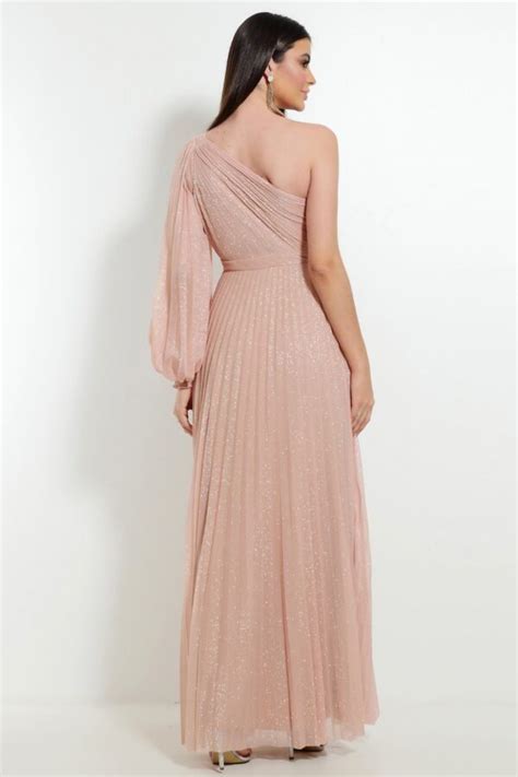 Vestido Nude Em Lurex Um Ombro Manga Longa Aluguel De Vestidos De Festa Rj Fino Traje Moda