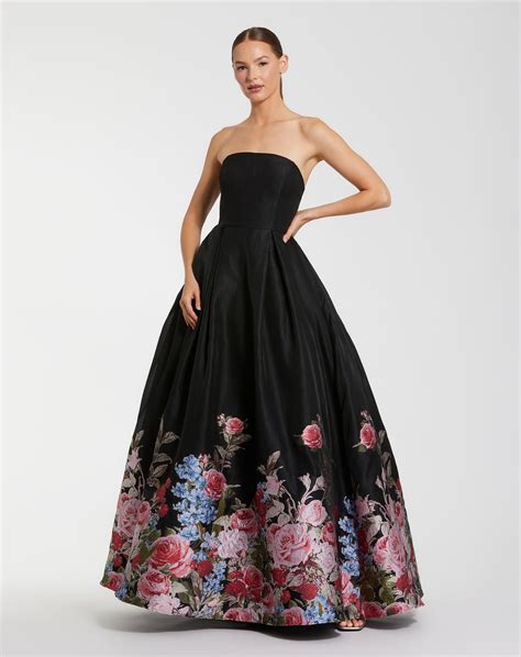 Black Strapless Floral Brocade Ballgown | Mac Duggal | Ball gowns