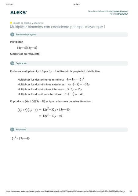 Multiplicar Binomios Con Coeficiente Principal Mayor Que 1 Alarcon Bermudez Javier Udocz