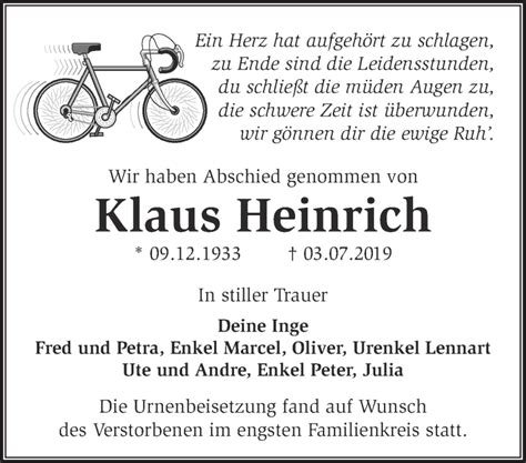 Traueranzeigen von Klaus Heinrich Märkische Onlinezeitung Trauerportal