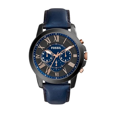 Fossil Men Leather Grant Chronograph Analog Blue Dial Watch Fs5061