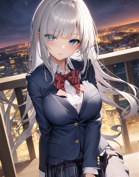 Solo Original Characters Long Hair White Hair Schoolgirl Big Boobs