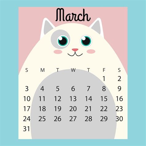 Calendario 2019 Lindo Gato Divertido De Dibujos Animadosmarzo Mes De