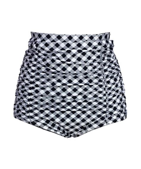 Women S Retro High Waisted Bikini Bottom Ruched Swim Short Tankinis Black Plaid C417X68TTMS