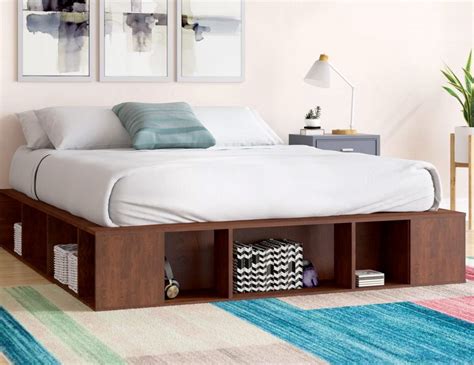 King Wooden Platform Bed With Shelving Underneath Cube Storage Shelves