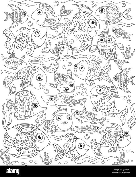 Outlined doodle anti-stress coloring page cute fish. Coloring book page ...