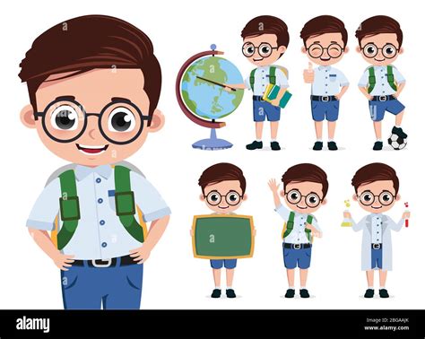 School kid student vector character set. Back to school cute boy ...