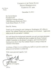 Congressman Jeff Miller Support Letter For The Anthem Project | Vet Power