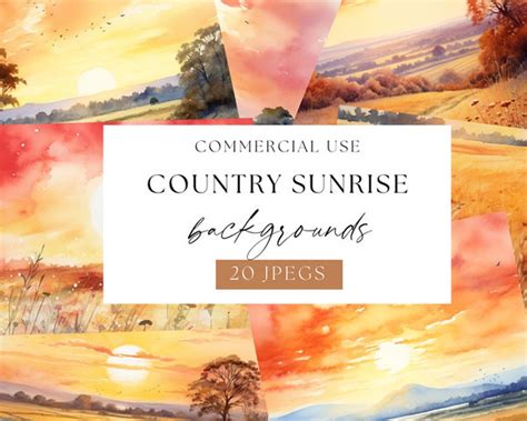 Country Sunrise Background, Sky Digital Papers, Watercolor Backgrounds ...