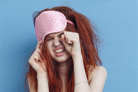 Woman With Tousled Hair Sleep Mask Posing Close Up Stock Image Image