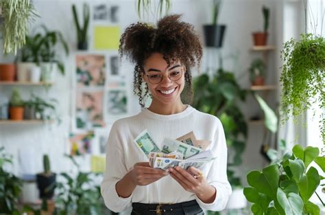 A Woman Holding Money In Her Hands And A Bunch Of Money Premium AI