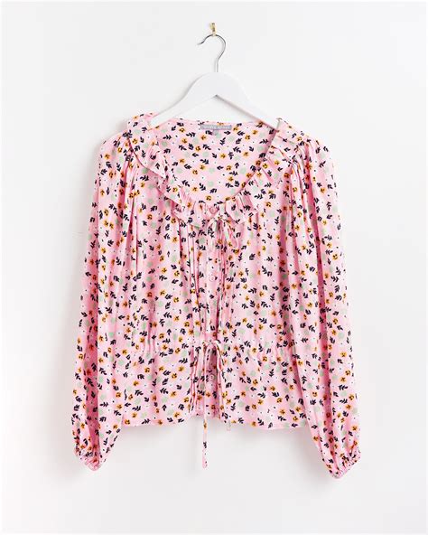 Floral Print Frill Scoop Neck Pink Blouse Oliver Bonas