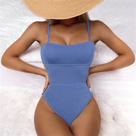Floenr One Piece Womens Bikini Swimsuit Set Sexy Ribbed Halter Double Straps Front Wrap Bathing