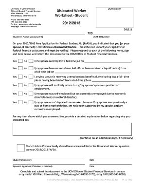 Fillable Online Ucmo Dislocated Worker Worksheet Student