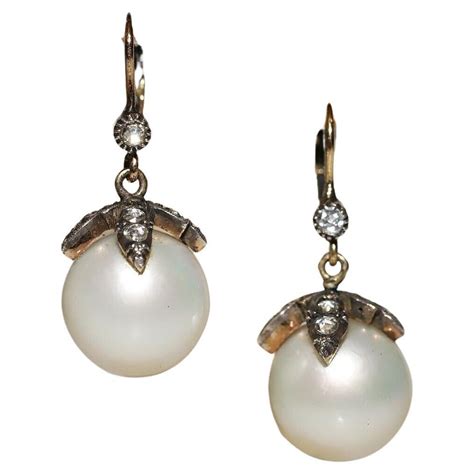 Vintage Circa 1970s 14k Gold Natural Rose Cut Diamond And Pearl Earring For Sale At 1stdibs