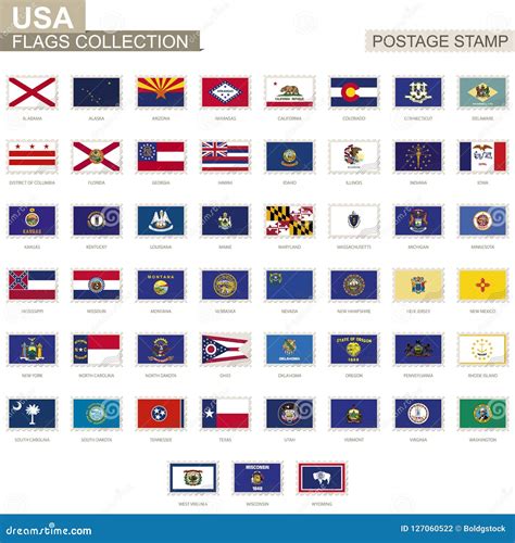 Postage Stamp with USA State Flags. Set of 51 US States Flag Stock ...